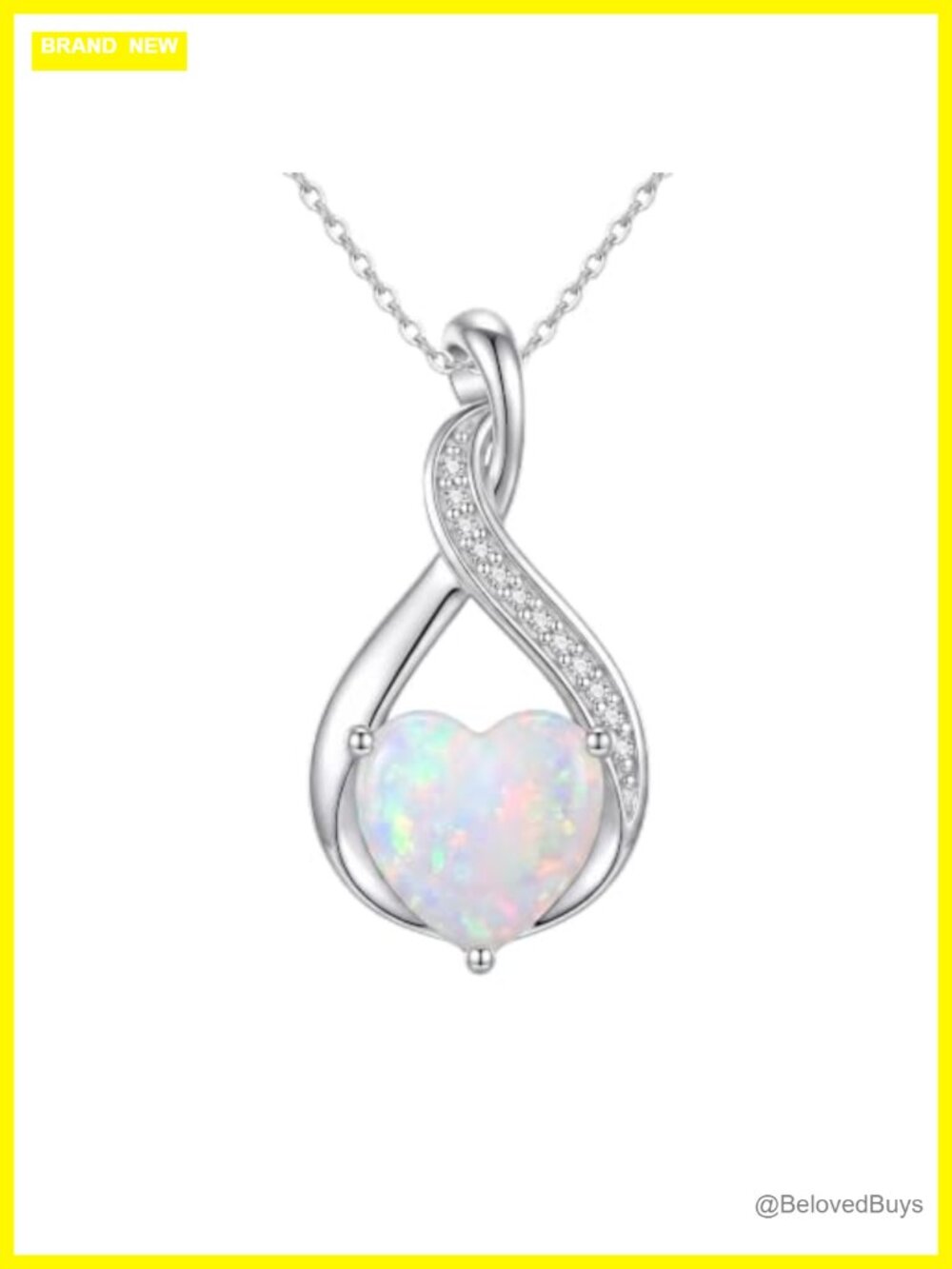 14K White Gold Plated Infinity Twist Heart Opal Moissanite Pendant Necklace